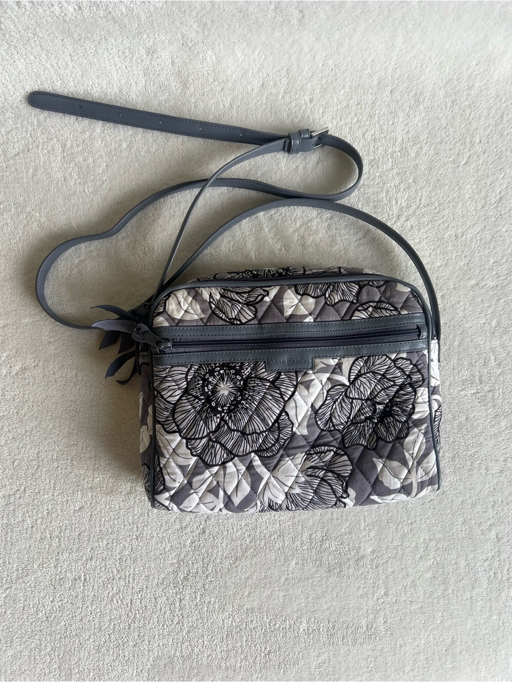 Vera Bradley Gray Quilted Floral Crossbody with Dark Trim